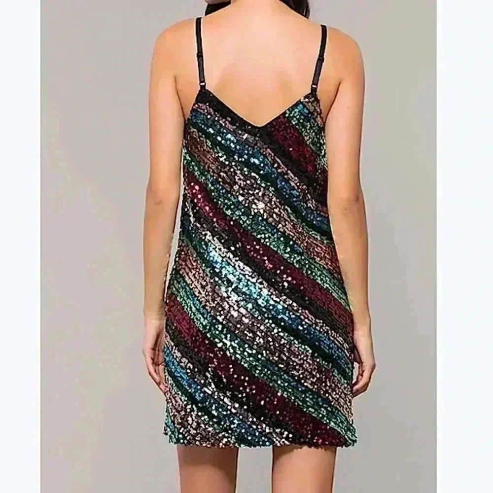 New Leith Nordstrom Sequin Mini Dress Slip Dress Size Small Black Gold Party